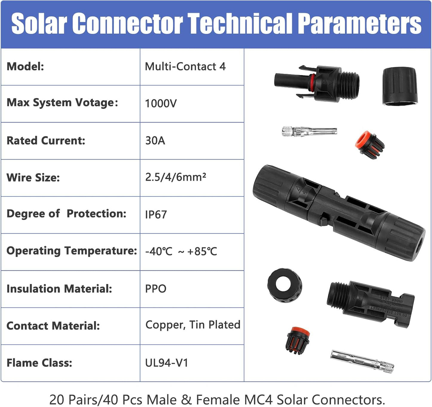 10/20/50/100 Pairs Male Female Solar Cable Connectors For DIY Solar Panel US