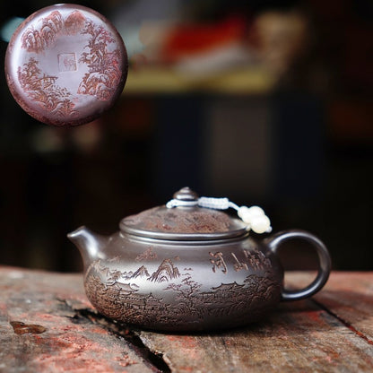 Yixing Zisha Tea Pot "Lone Boat On Cold River" Landscape Design Handmade Pot New
