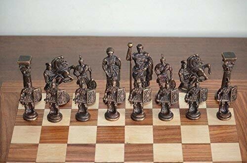 Antique Folding Wooden Handmade Roman Brass Chess Board Set Game 14" x 14"