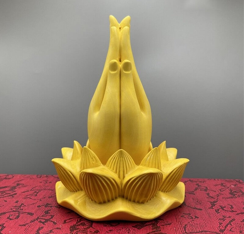 Boxwood Carved Buddha Praying Hand Lotus Base Statue Buddhism Zen Home Decor