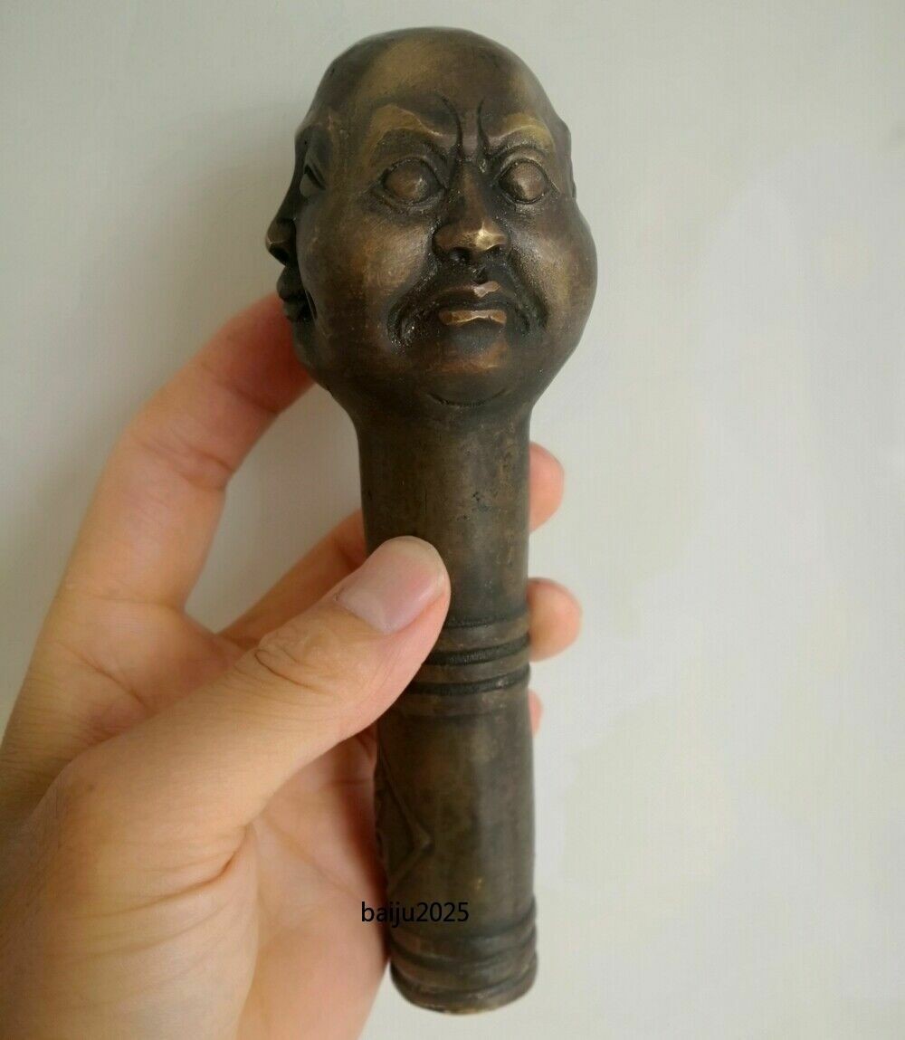 Brass Four-Face Buddha Head Walking Stick Cane Handle Top Topper