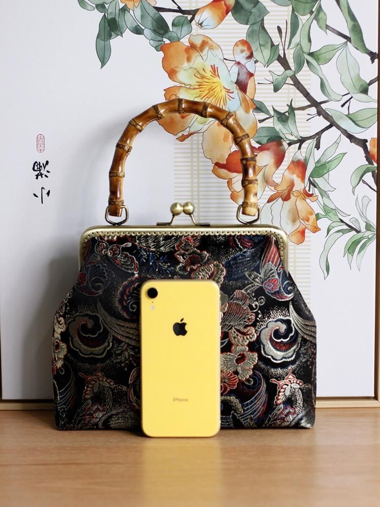 Bamboo Lock Shell Bag Vintage Flower Bag Chain Shoulder Crossbody Handmade Purse