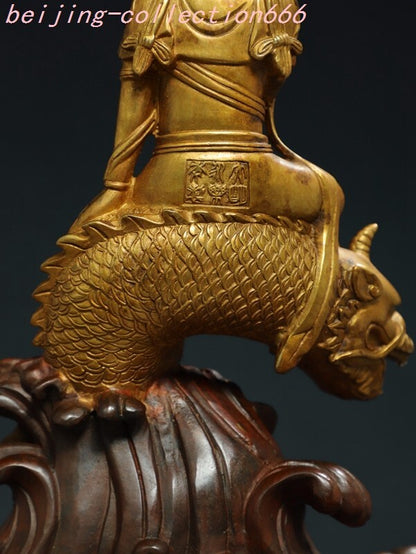 12'' Tibet Bronze Gilt Ride Dragon Fish Kwan-Yin GuanYin Goddess Buddha Statue