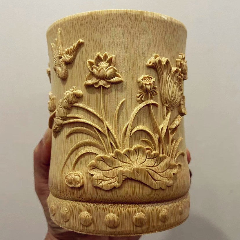 Bamboo Carved Lotus Pen Holder 4.72in Chinese Desk Decor