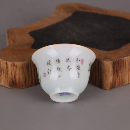2.4" Chinese Qing Doucai Contrasting Colors Porcelain Branch Aniaml Bird Cup