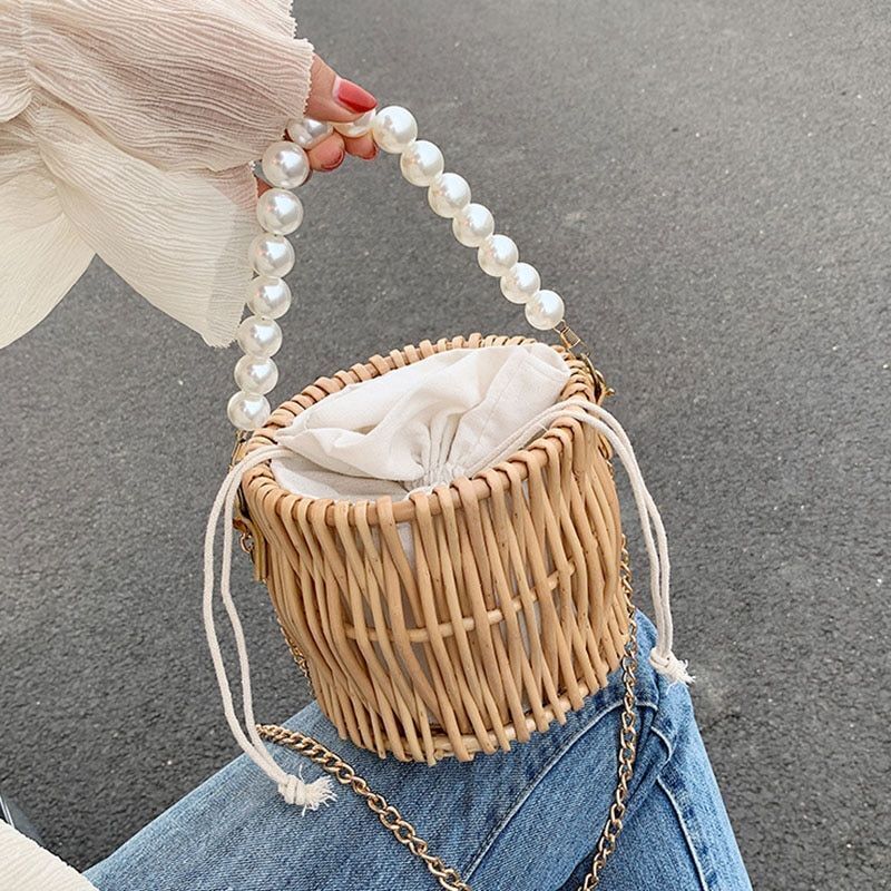 Summer Straw Bag Women Handmade Beach Handbag Travel Crossbody Bag 16*16*14 CM