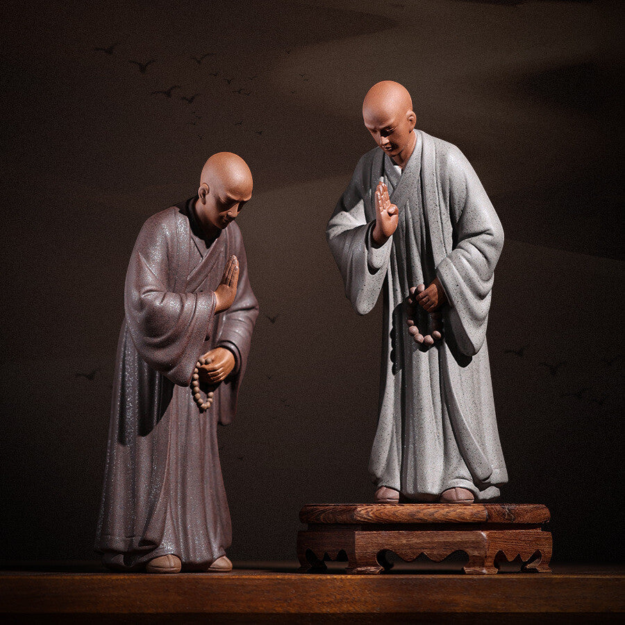 yixing zisha tea pet Buddha monk statue handmade purple clay artware shelf deco