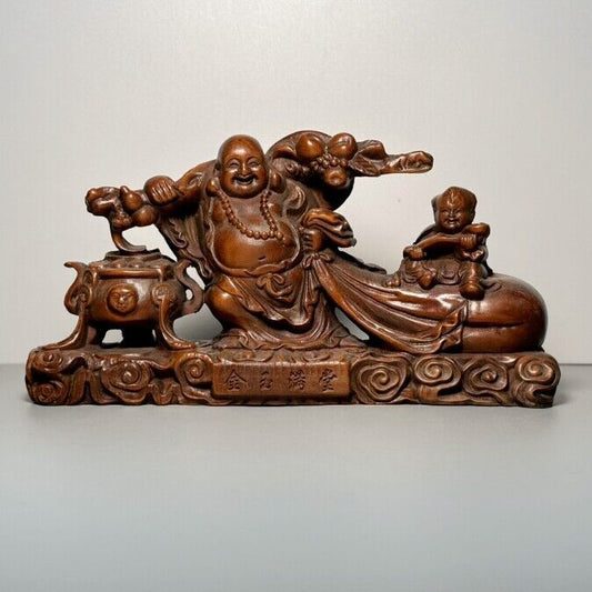 Vintage Chinese Wooden Carving Laughing Buddha Statue Home Decor Wood Figurines