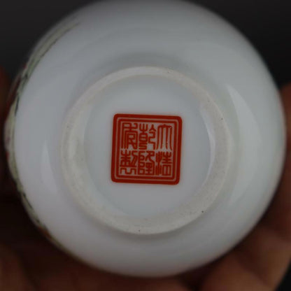 Chinese Famille Rose Porcelain Qing Qianlong Cocks Design Teacup Cup 2.9 inch