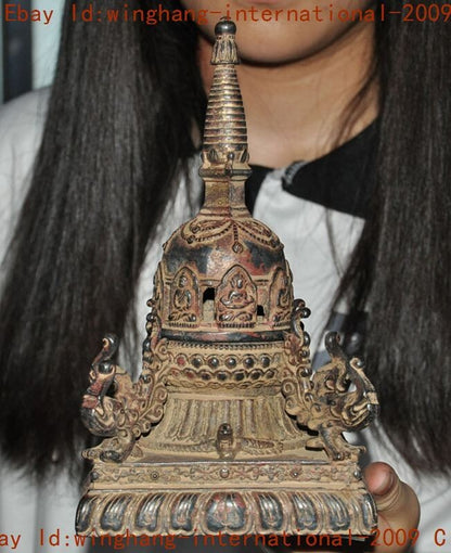 Tibet Buddhism Temple Bronze Gilt Sakyamuni Buddha Stupa Pagoda Tower Statue