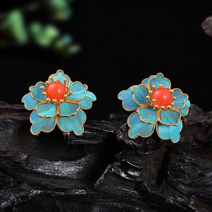 Handmade Cloisonne Peony Flower Stud Earrings Vintage Chinese Style Jewelry