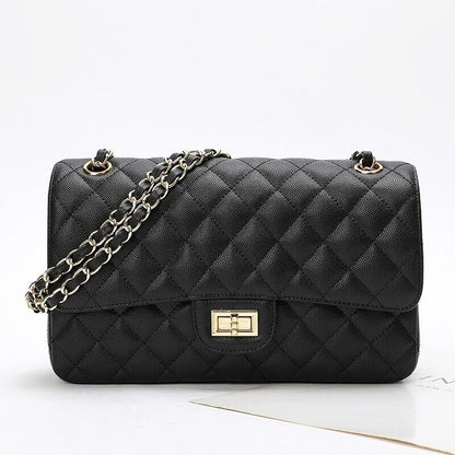 Quilted Real Leather Caviar Effect Double Flap Shoulder bag Handbag Purse Chains