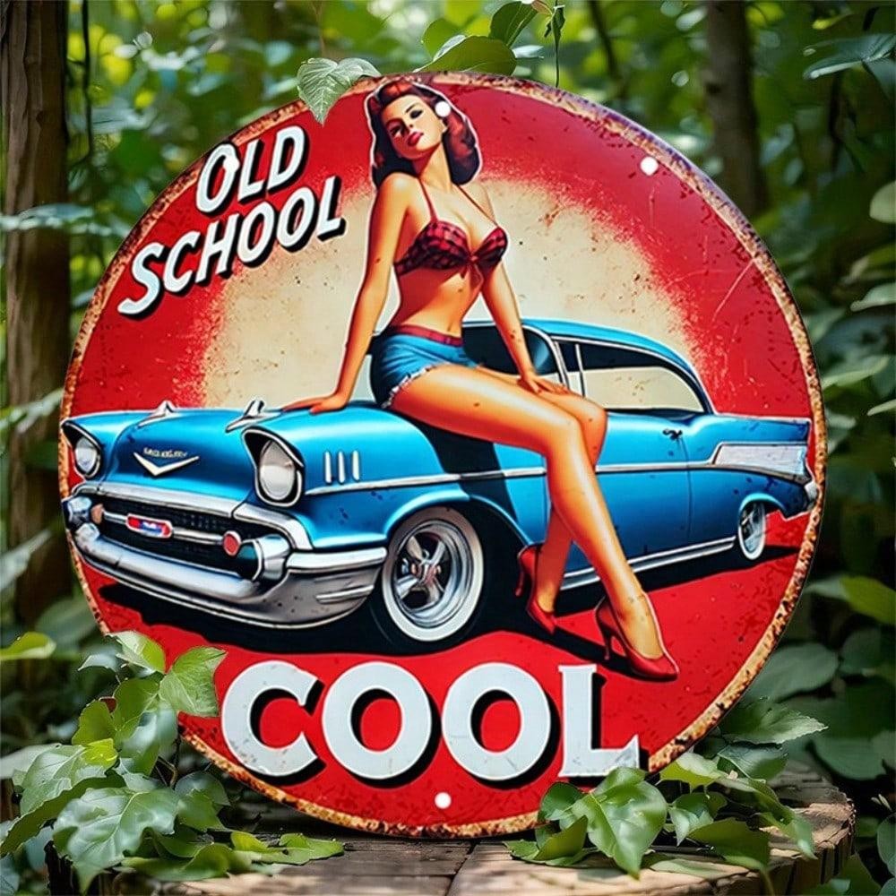 Vintage 8x8 Round Tin Sign Pin Up Girl Retro Car Cool Girl Wall Art for Home