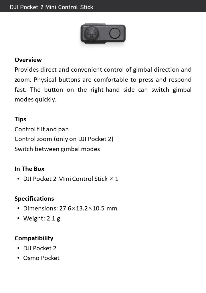 DJI Pocket 2 Mini Control Stick for Gimbal/Zoom – Fits Pocket 2 & Osmo Pocket
