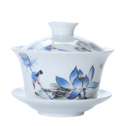 China Gaiwan Porcelain Handpainted Under Glaze Ceramic Tea Cup Bowl Saucer Lid