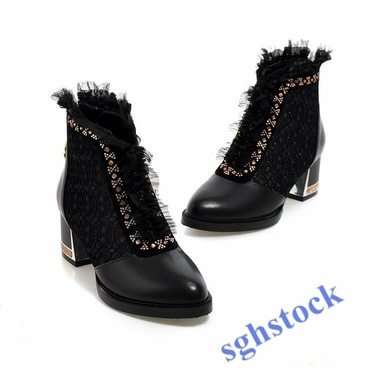 Womens Gladiator Low Block Heel shoes Ankle Boots Mesh Lace Crystal Zip Punk New