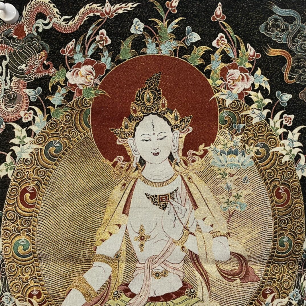 35" Decor Tibet Silk Cloth Embroidery White Tara Thangka Mural Tapestry Dragon