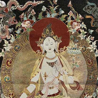 35" Decor Tibet Silk Cloth Embroidery White Tara Thangka Mural Tapestry Dragon