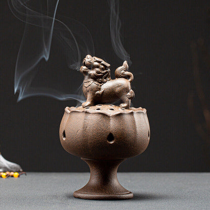 Foo Dog Fyi Statue Lotus Carved Incence Burner Porcelain Decoration Zen Style
