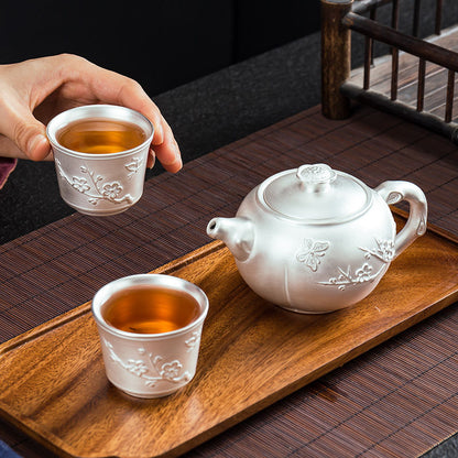 Silver Tea Set One Pot Two Cups Ceramic Kung Fu Teapot Silver Lid Bowl