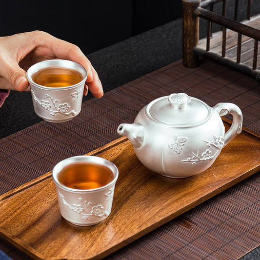 Silver Tea Set One Pot Two Cups Ceramic Kung Fu Teapot Silver Lid Bowl