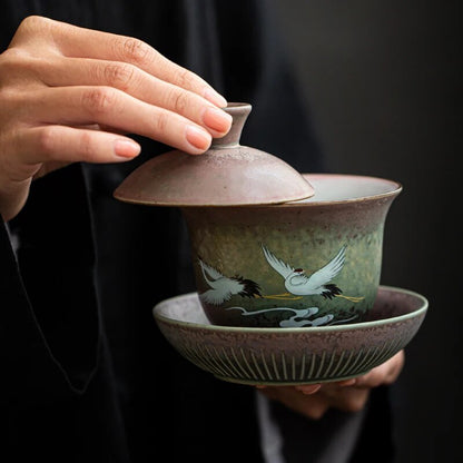 Anti Scald Large Ceramic Retro Tea Cover Bowl with Lid Sancai Gaiwan Single