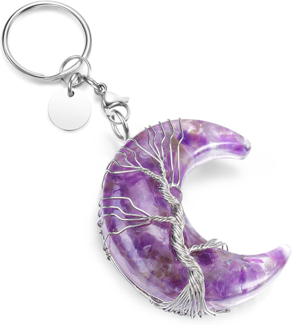 Healing Crystals Stones Keychain Tree of Life Wire Wrapped Crescent Moon Keychai
