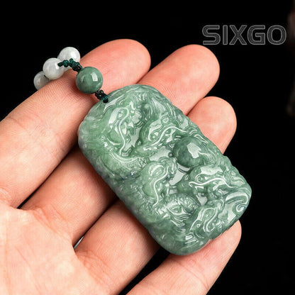 Fine Grade A Natural Green Jade Jadeite Engraved Nine Dragon Oblong Pendant
