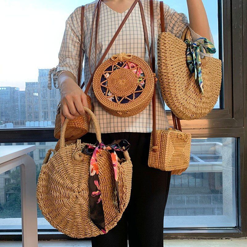 Straw Bag Round Woven Handmade Summer Polyester Crossbody Shoulder Bag Polyester
