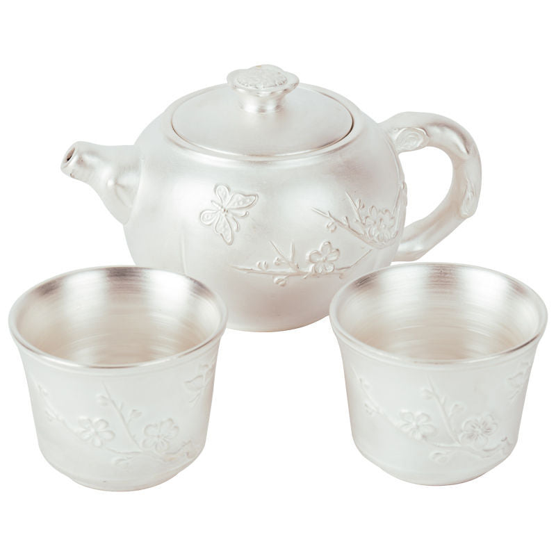 Silver Tea Set One Pot Two Cups Ceramic Kung Fu Teapot Silver Lid Bowl