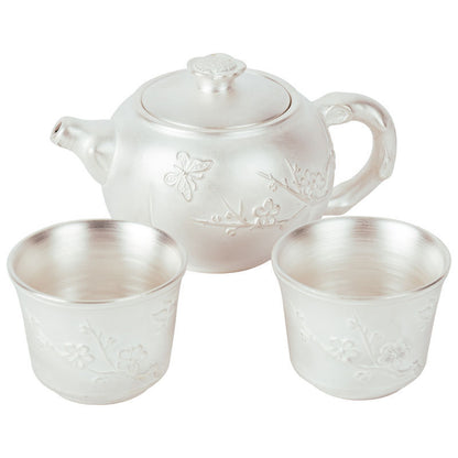 Silver Tea Set One Pot Two Cups Ceramic Kung Fu Teapot Silver Lid Bowl