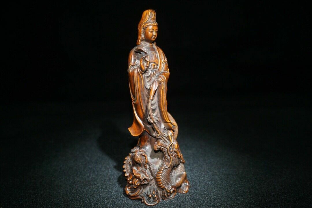 Antique Boxwood Carved Kwan Yin Statue Dragon Thinking Woman Art Wood Sculpture