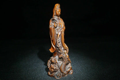 Antique Boxwood Carved Kwan Yin Statue Dragon Thinking Woman Art Wood Sculpture