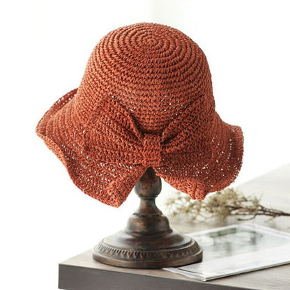 Women Vintage Fashion Folding Straw Bucket Hat Braid Summer Beach Sun Hat w/ Bow