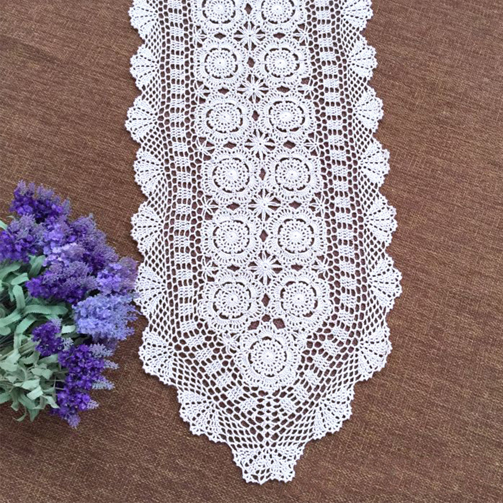 White Vintage Table Runner Hand Crochet Dresser Scarf Oval Lace Doily 15"x78"
