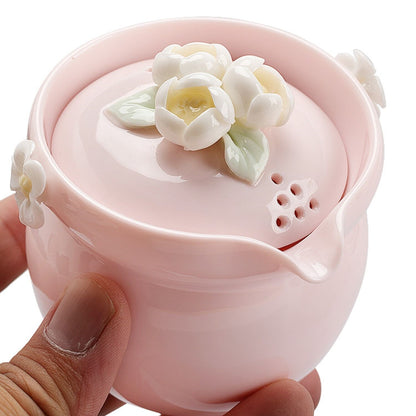 Chinese Tea Pot Matching Tea Cup Floral Handmade Relief Holiday Gift Ceramic Pot