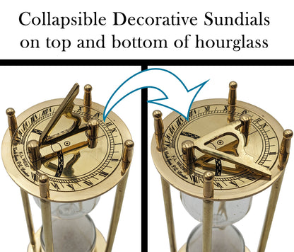 6.7" Brass 1 Minute Hourglass w/ Collapsible Sundials, Functional & Decorative