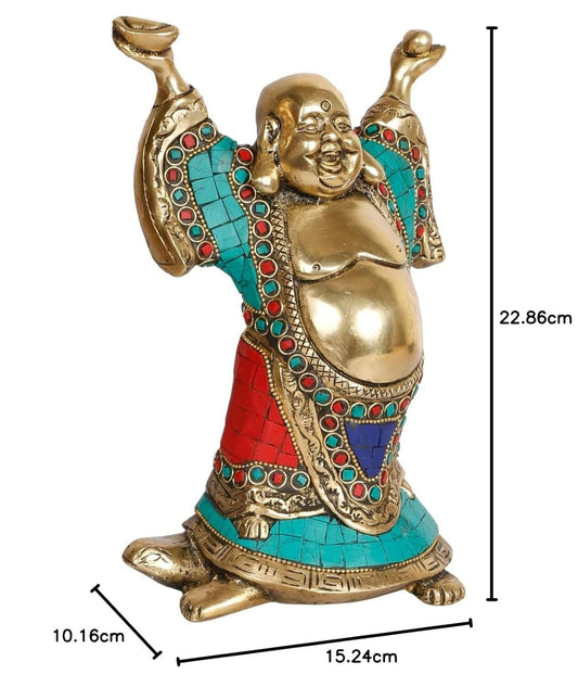 Feng Shui Laughing Buddha Standing on Tortoise Brass Statue Idol Home Decor