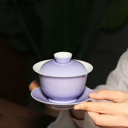 Smoky Purple Glaze Ceramic Sancai Cover Bowl Chinese Tea Maker Gaiwan Tea Bowl