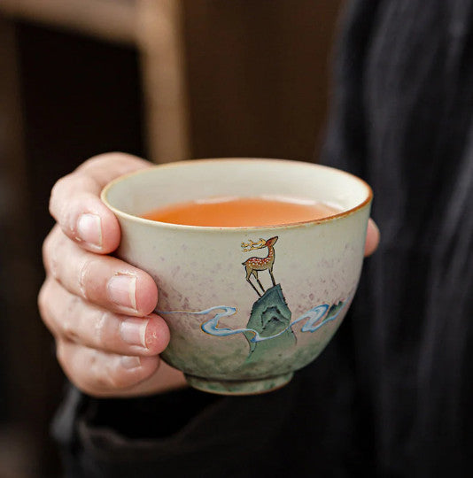 Ceramic Teacup deer Set of 2 Cups Chinese Kung Fu Tea Cup for Tea