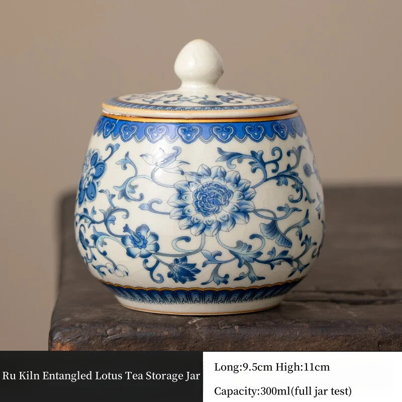 Ru Kiln Blue and White Entangled Lotus Tea Jar Household Storage Jar Tea Set
