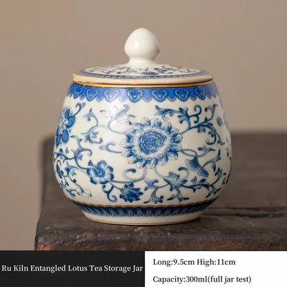 Ru Kiln Blue and White Entangled Lotus Tea Jar Household Storage Jar Tea Set
