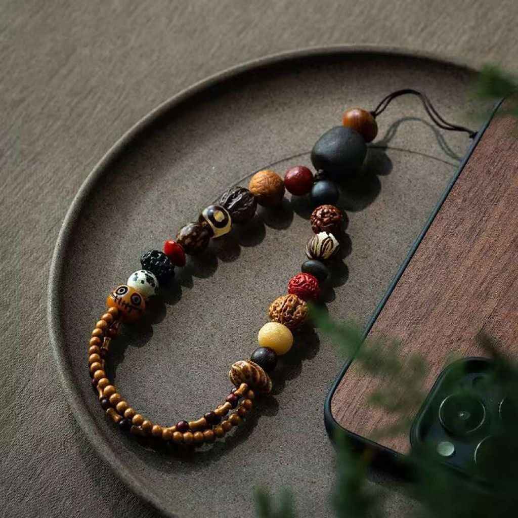 Natural Bodhi Seed Multi-Gem Keychain Phone Lanyard Car Key Ring