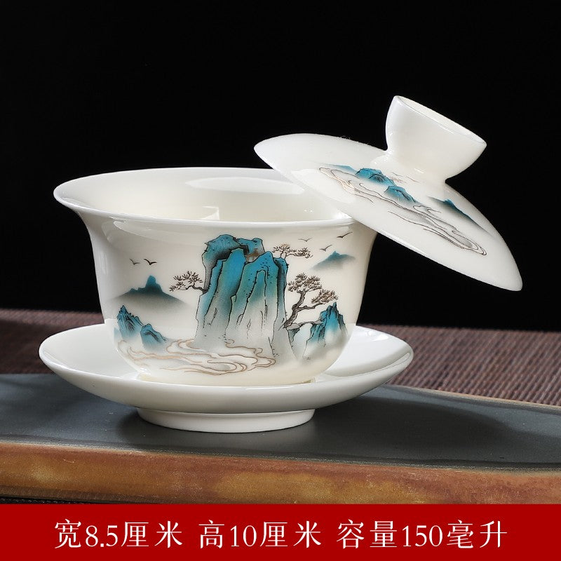 Sheep Fat Jade Porcelain Dehua Cover Bowl White Porcelain Blue and White Tea Set