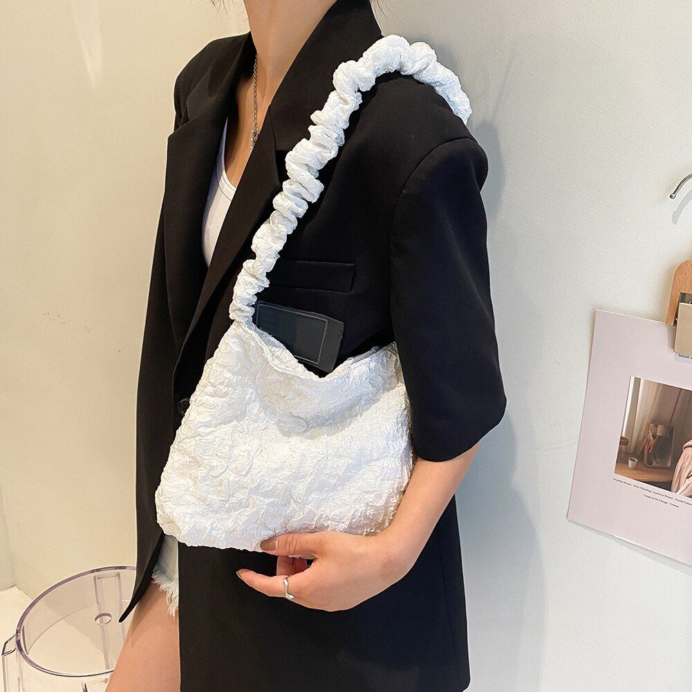 Pleated Shoulder Bag Underarm Purse Large Tote Zipper Handbag White/Black Pouch