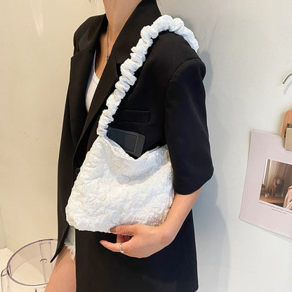 Pleated Shoulder Bag Underarm Purse Large Tote Zipper Handbag White/Black Pouch