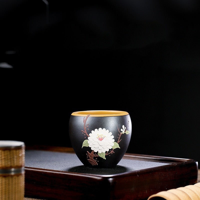One Cup Real Yixing Zisha Purple Clay Tea Cup Floral Relief Handmade Master Cup