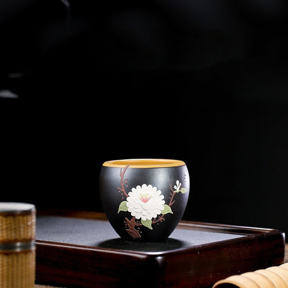 One Cup Real Yixing Zisha Purple Clay Tea Cup Floral Relief Handmade Master Cup