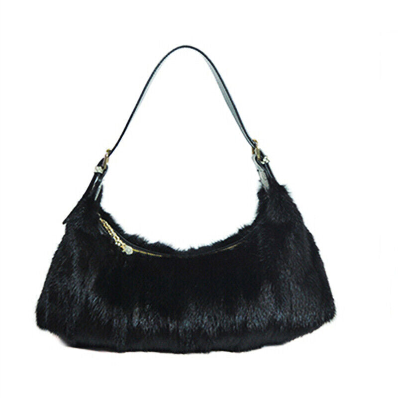 Winter Womens Real Mink Fur Shoulder Bag Luxury Genuine Cowhide Strap Handbag