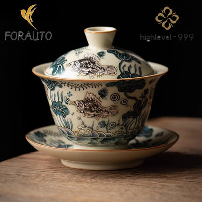 Ruyao Ceramics Gaiwan Tea Set 150ml 5.1oz Beige Pattern Kungfu Tea Set